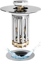 Bathroom Sink Drain Strainer, 3 in 1 Pop Up Bathroom Sink Stopper with Removable Brass Basket Hair Catcher, Universal Sink Plug for 1.06 to 1.6in Drain Hole, Chrome Silver