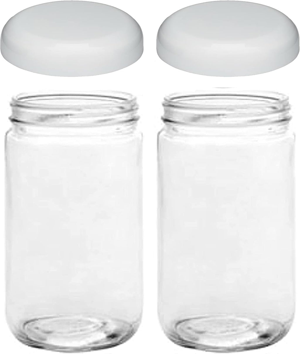 Jarming Collections Mason Jars - 32 Oz Extra Wide Mouth Glass Jars with Lids - Quart Containers - Made in USA (2 White Dome Plastic Lids)