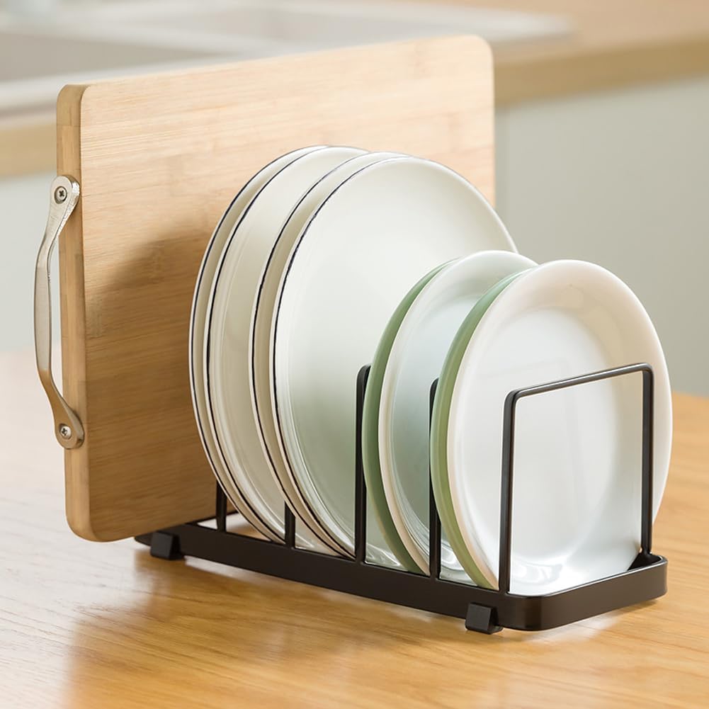 Plate Home Accented Storage Rack, Metal Dish Rack, Plate and Bowl Organizer for Kitchen Cabinets (Black)