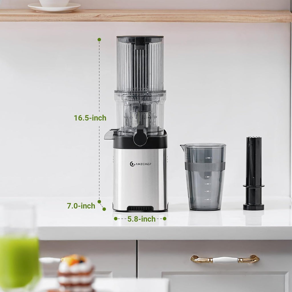 AMZCHEF Cold Press Juicer, 4.5" Juicer Machines with Large Feed Chute for Whole Fruits & Vegetables, Stainless Steel Juice Extractor with Large Auger, Dual Strainers, Easy Cleanup & Assembly