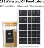 12Pcs 9oz Spice Jars Glass Container with 275 Labels, Airtight Seasoning Empty Organizer with Bamboo Lid Set for Food Storage, Salt, Sugar