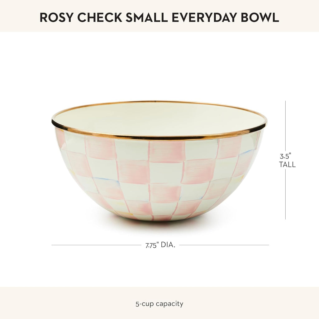 MACKENZIE-CHILDS Enamel Everyday Bowl, Serving Bowl for Entertaining, Small, Pink-and-White Rosy Check, Set of 1