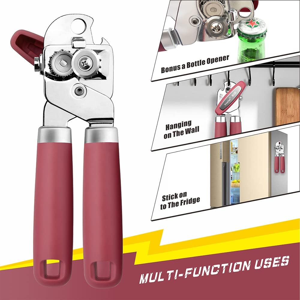 PrinChef Can Opener Manual, Can Tin Bottle Opener with Magnet - No-Trouble-Lid-Lift, Handheld Can Opener Smooth Edge with Sharp Blade, Heavy Duty and Easy to Use, for Seniors with Arthritis, Red