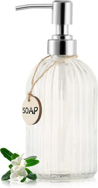 16 OZ Soap Dispenser，Tempered Glass Clear Vertical Stripe with 304 Rust Proof Stainless Steel Pump Refillable Liquid Hand Soap Dispenser，for Bathroom, Kitchen, Dish Soap，Lotion (Clear)