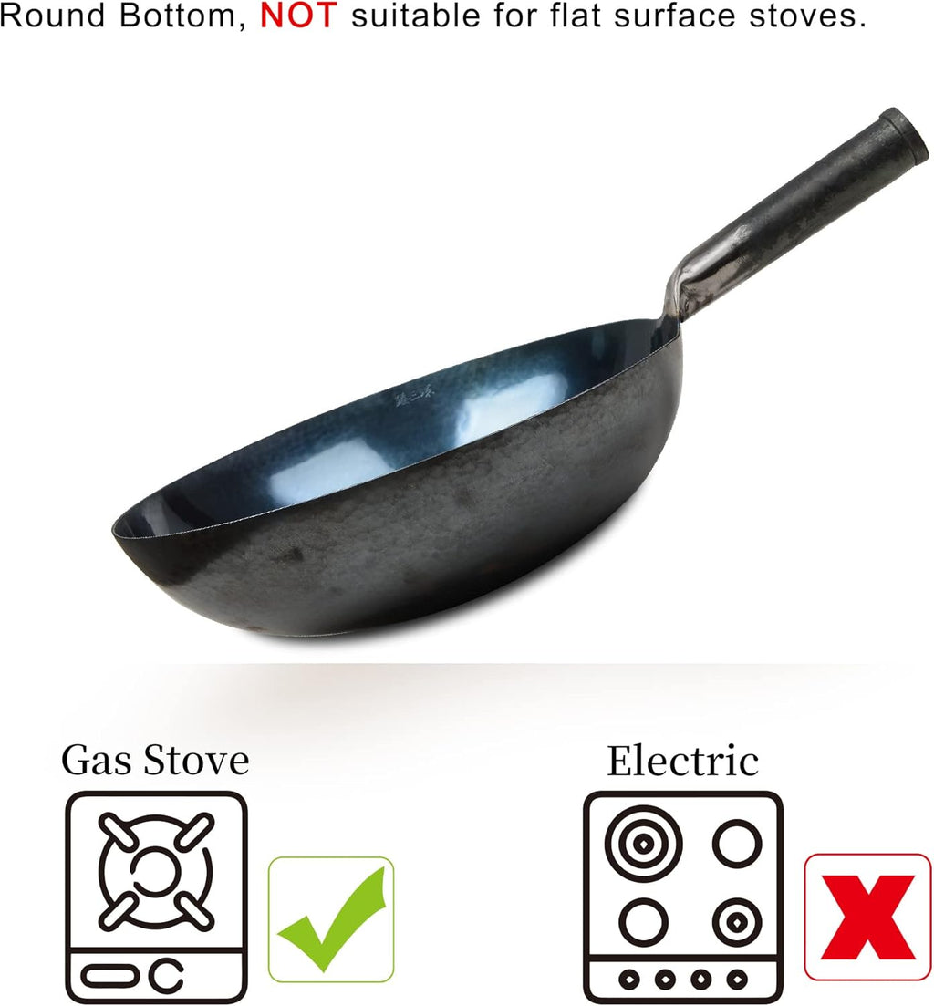 臻三环 ZhenSanHuan Chinese Hand Hammered Iron Woks and Stir Fry Pans, Non-stick, No Coating, Carbon Steel Pow (34CM, BlueBlack Seasoned with help handle)
