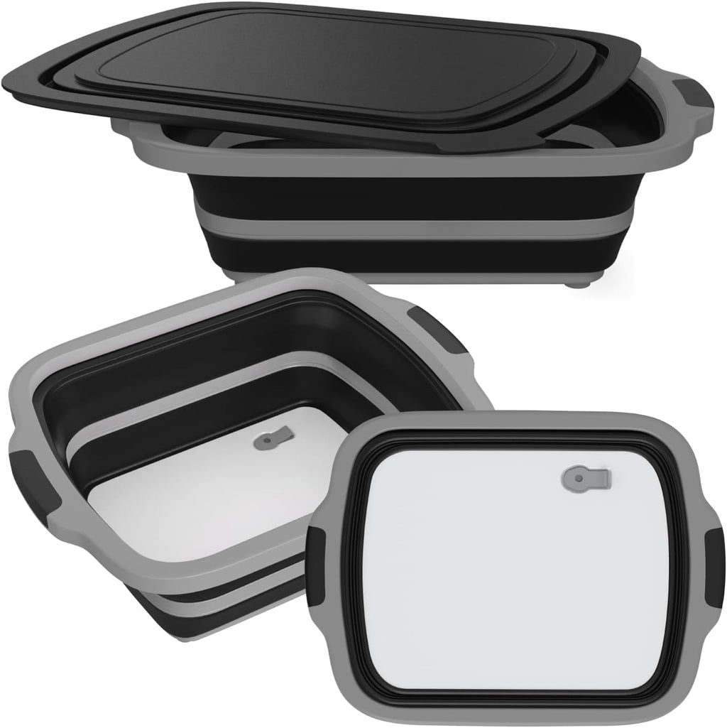 2-Pack XL Collapsible BBQ Prep Tub with Built-In Cutting Board, Lid & Strainer – Marinate, Drain & Prep – Large Food-Safe Container – Perfect for Grilling, Smoking & Outdoor Cooking (Black)