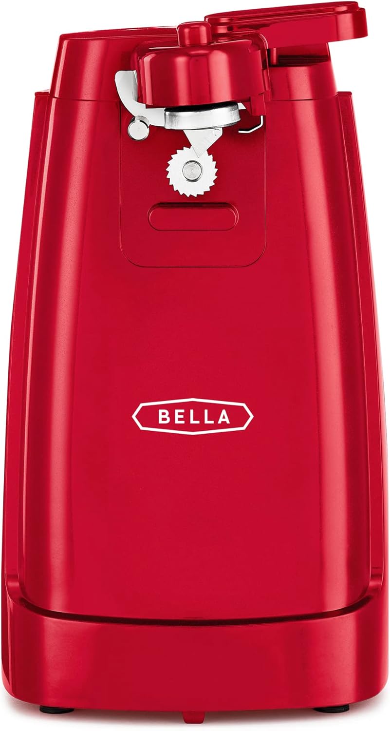 BELLA Electric Can Opener and Knife Sharpener, Multifunctional Jar and Bottle Opener with Removable Cutting Lever and Cord Storage, Stainless Steel Blade, Red