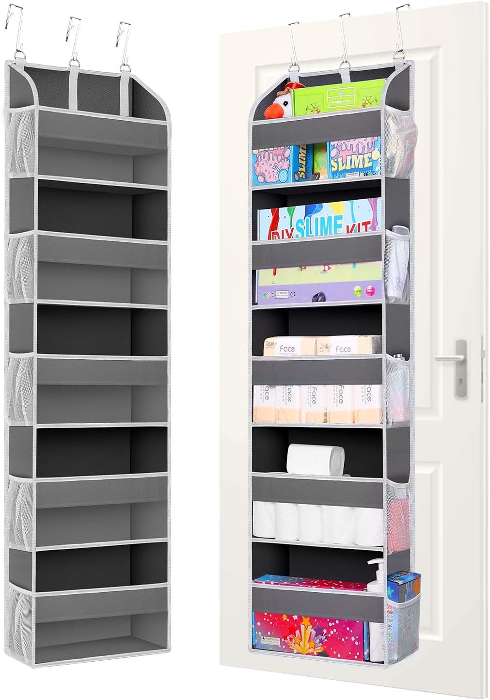 2 Pack Over The Door Storage Organizer with 5 Pockets 10 Mesh Side Pockets, 44 lbs Weight Capacity Door Hanging Organizers and Storage for Bedroom,Bathroom,Nursery,Pantry,Dorm(Dark Gray)