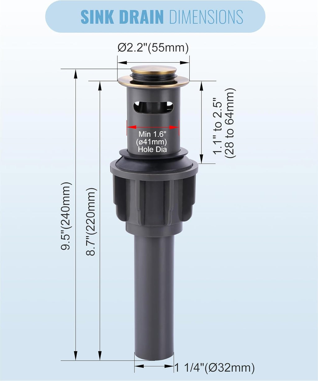 ALEASHA Bathroom Sink Drain with Overflow Vessel Sink Stopper, Pop Up Drain for Bathroom Sink Pop Up Drain Stopper for Hair Catcher, Brushed Gold