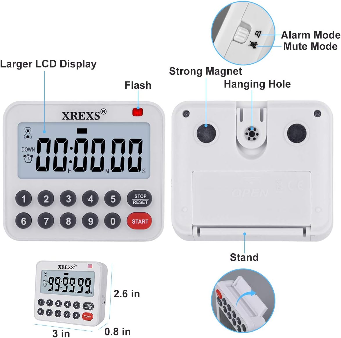 XREXS Digital Kitchen Timer Magnetic Countdown Up Cooking Timer Loud Alarm and Mute Optional, Magnet and Stand, Large Display Classroom Timer for Teachers (2 Batteries Included) Upgraded Version