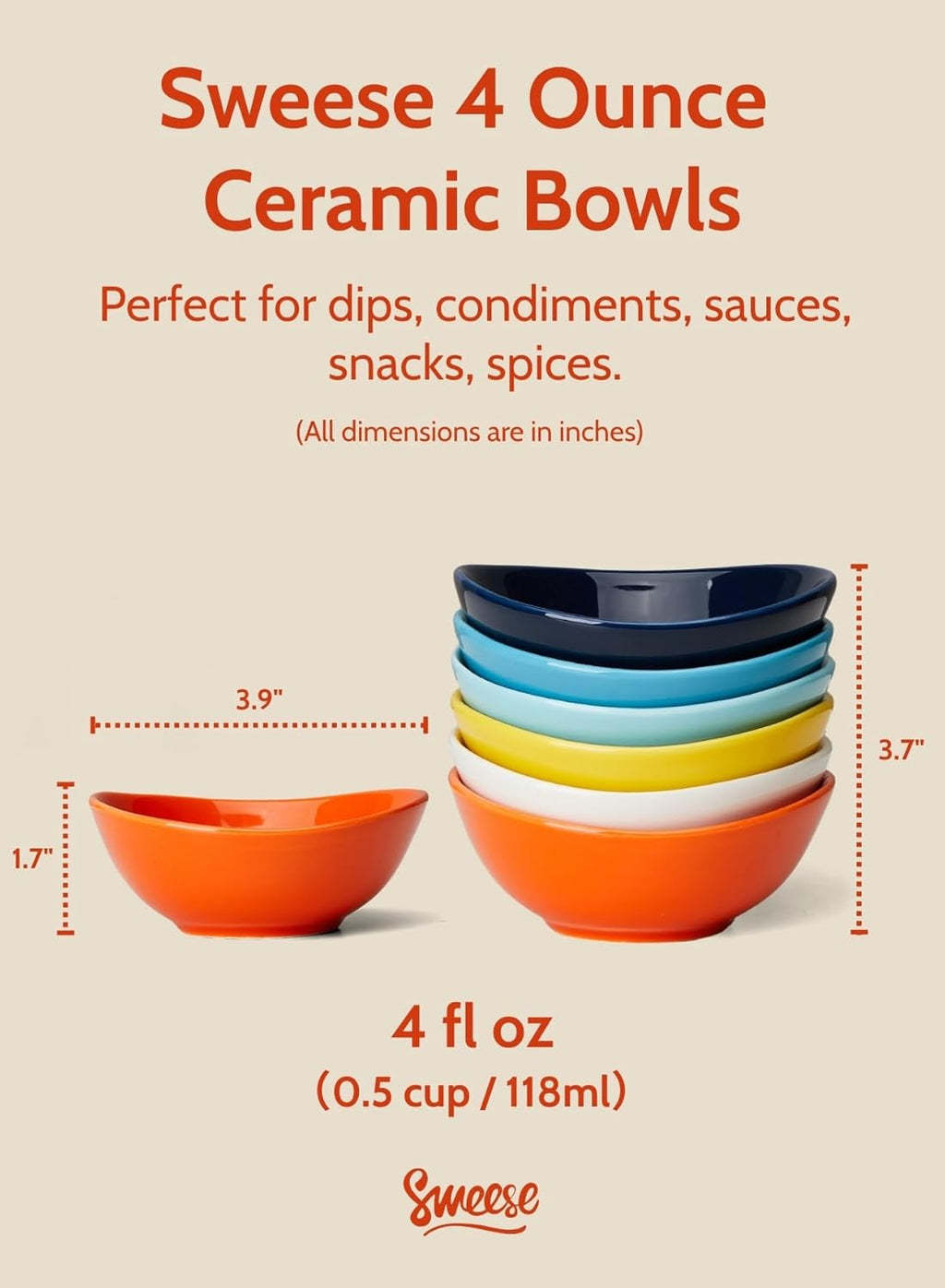Sweese Porcelain 4oz Bowls Set of 6, Assorted Colors - Durable for Sauce, Dipping, Snack Side Dishes, Microwave Dishwasher Safe