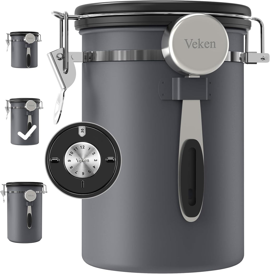 Veken Coffee Canister, Airtight Stainless Steel Kitchen Food Storage Container with Date Tracker and Scoop for Grounds Coffee, Beans, Tea, Flour, Cereal, Sugar, Cookies Jars, 22OZ Gray