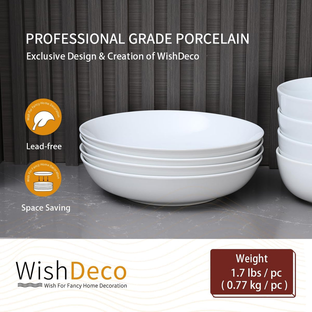 White Pasta Bowls Set of 4, Porcelain Salad Bowls 37 oz, Wide and Shallow Serving Bowl 9 Inch, Large Pasta Plates, Serving Dishes for Soup, Dinner, Microwave and Dishwasher Safe