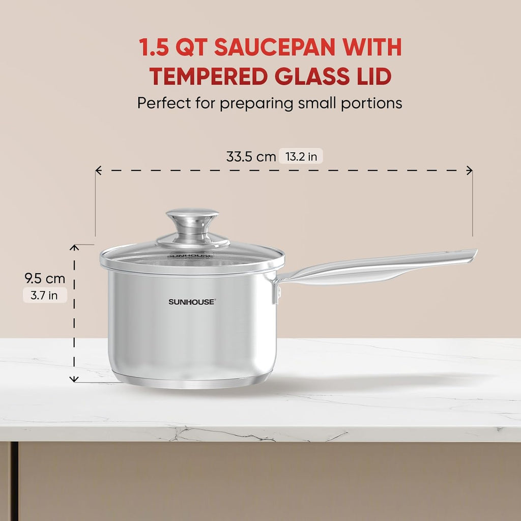Sunhouse – 1.5 Quarts Stainless Steel Sauce Pan with Lid - PFOA-FREE, Stainless Steel Sauce Pan, Induction base, Stay-Cool Handle, Compatible with All Cooktops Gas, Geramic, Electric etc.