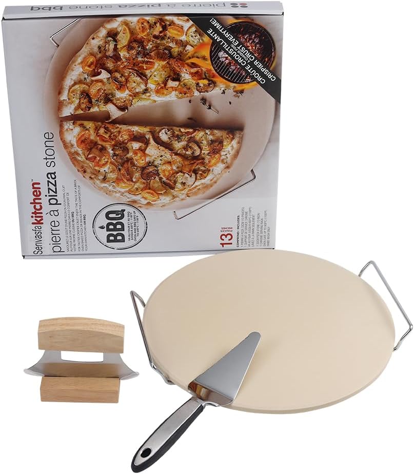 Delux Pizza Stone Set with Pizza Cutter Pizza Server, 13inch Ceramic Baking Stone for Oven and Grill with Metal Handle Rack,Quick Baked n Serving Pizza in Home n Outdoor