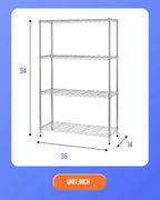 14" D×36" W×54" H Commercial Wire Shelving Unit Metal Shelf with 4 Tier Adjustable Layer Rack Strong Steel for Restaurant Garage Pantry Kitchen Garage，Chrome