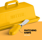 Ceramic Butter Dish Set with Lid and Knife - [Yellow]- Decorative Butter Stick Holder with Handle for 1 Stick of Butter - Microwave Safe, Dishwasher Safe - Anti-Scratch Stickers Included