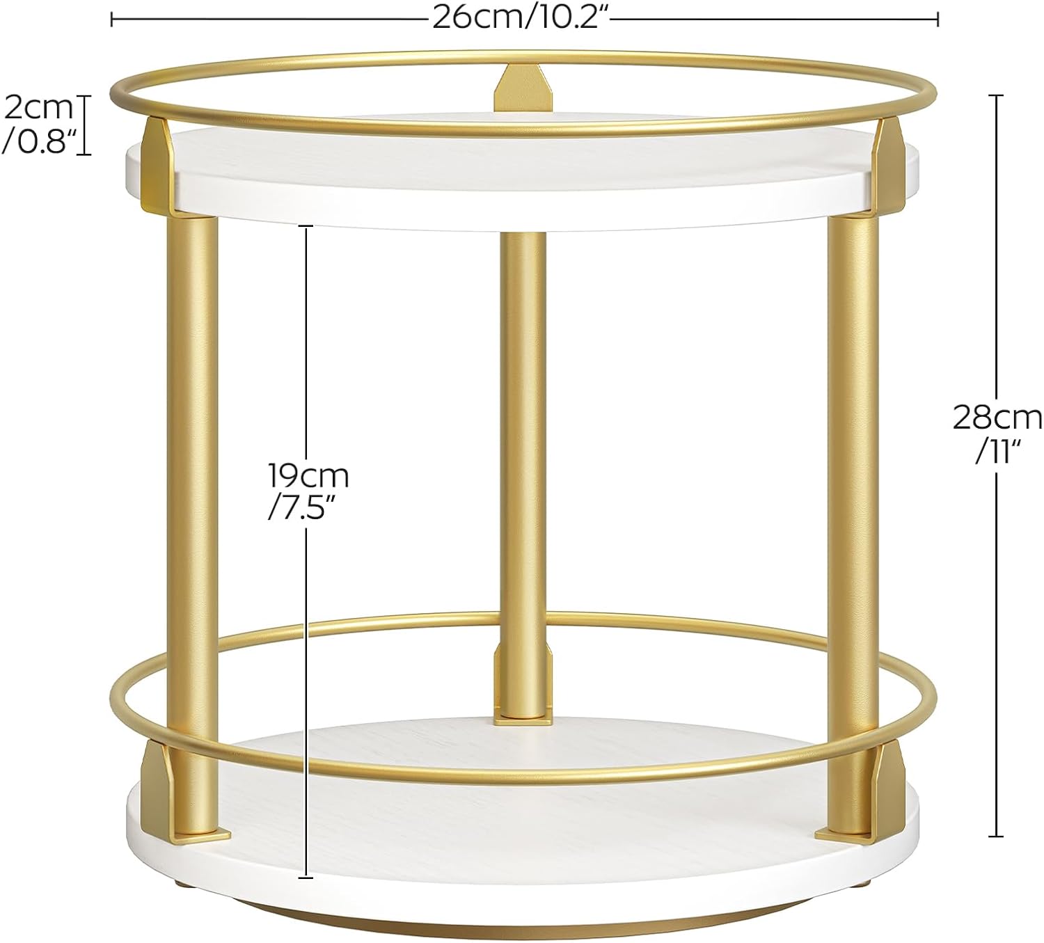 Lazy Susan Organizer, Rotating Spice Rack, 2 Tier Spice Turntable Organizer, Industrial Turntable Spice Holder, for Kitchen Countertop and Cabinet, Compact and Versatile, White and Gold SR22DW