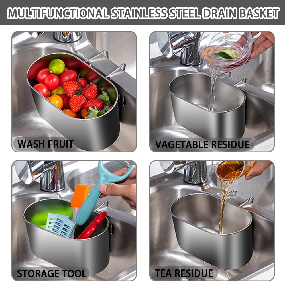 Stainless Steel Sink Drain Strainer Basket, Multifunctional Hanging Sink Strainer Colander Drain Basket for Filter Food Waste and Wash Fruits or Vegetables (Silver)