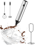 Rechargeable Milk Frother with Stand, Electric Frother Wand Handheld Coffee Foam Maker Detachable Stainless Steel Whisk Drink Mixer Foamer for Latte, Cappuccino, Hot Chocolate, Egg (Silver)