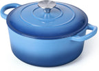 3 Qt Enameled Cast Iron Dutch Oven with Lid, E-far Small Round Nonstick Dutch Oven Pot for Bread Baking Braising Stews Roasting Cooking, Heavy Duty, Induction & Oven Safe - Blue
