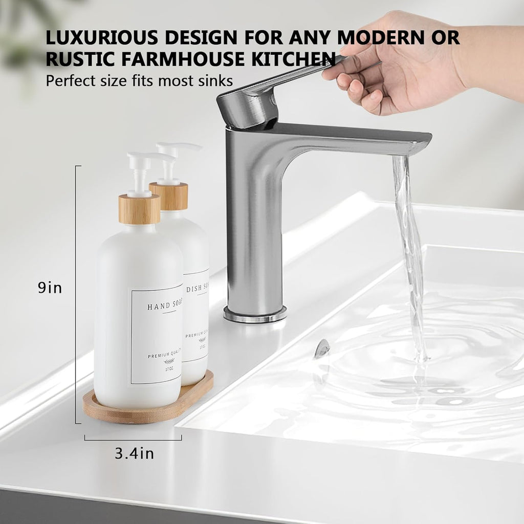 White Glass Soap Dispenser - Hand Dish Soap Dispenser Set for Kitchen, Bathroom with Sturdy Pump and Tray, 14 Waterproof Labels,Refillable Soap Lotion Dispenser-White