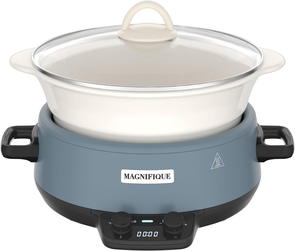MAGNIFIQUE 5 Quart Programmable Slow Cooker with Auto Warm Setting, Glazed Ceramic Liner, Kitchen Small Appliance for Family Dinners, Blue
