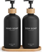 Hand and Dish Soap Dispenser Set,16oz Glass Bottles with Printed Labels, Bamboo Tray & Pump,Countertop Soap Dispensers for Kitchen,Luxury, Minimalist & Farmhouse Decor (Hand Dish (Black))