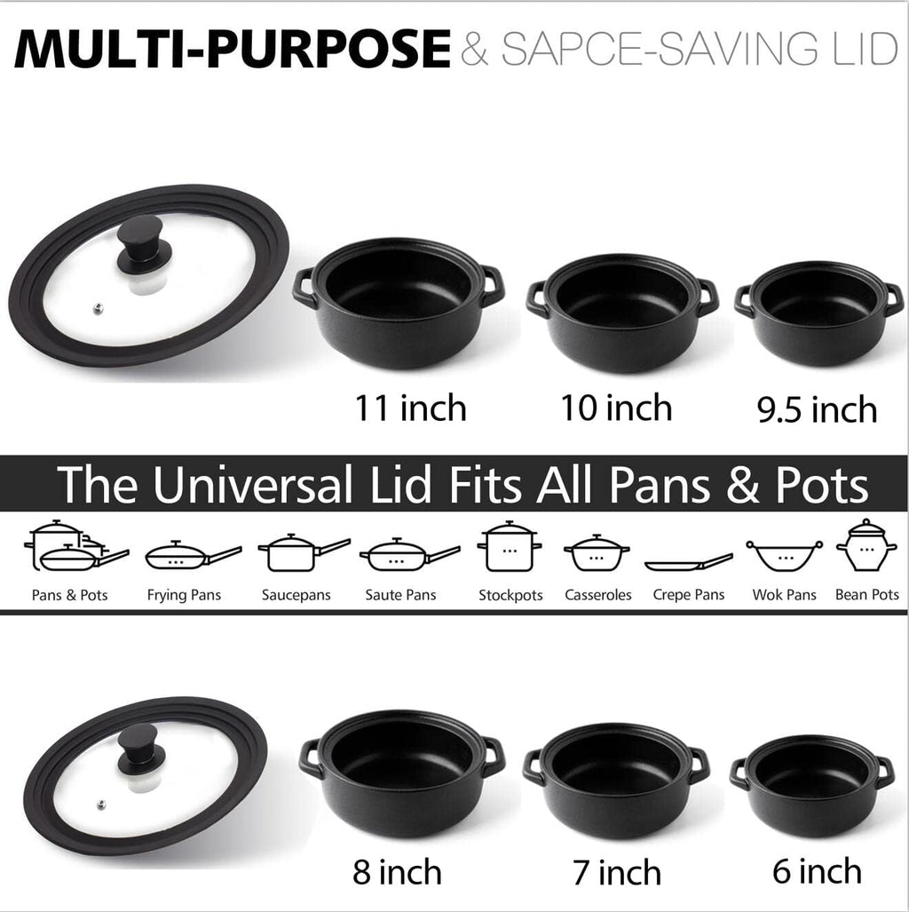 Anaeat Silicone Universal Lid for Pots, Pans and Skillets - Tempered Glass Covered with Heat Resistant Silicone Rim Fits All 6" to 11" Diameter Cookware -Easy to Use Replacement Frying Pan Cover
