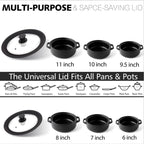 Anaeat Silicone Universal Lid for Pots, Pans and Skillets - Tempered Glass Covered with Heat Resistant Silicone Rim Fits All 6" to 11" Diameter Cookware -Easy to Use Replacement Frying Pan Cover