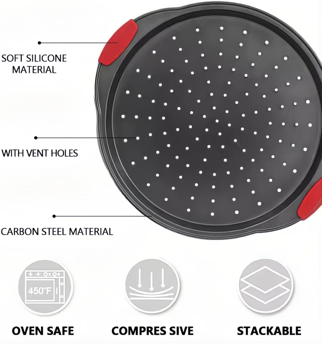 13 Inch Pizza Pan for Oven (2 Pack) Round Pizza Pan with Holes - Non-Stick Carbon Steel Pizza Tray with Silicone Handles - for Cooking, Baking, and Grilling - Dishwasher Safe