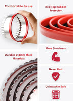 4-Pieces Fluted Round Cookie Cutters, Metal Circle Biscuit Cutters Set, Wave Cookies Cutter with Fluted Edge, Unique Design with Protective Red Top PVC