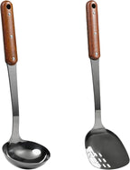 FJNATINH Stainless Steel Wok Spatula and Ladle Tool, Mirror Polished Cooking Utensils Set Metal Wok Accessories with Wooden Handle,Easy to Clean Kitchen Utensils,Black