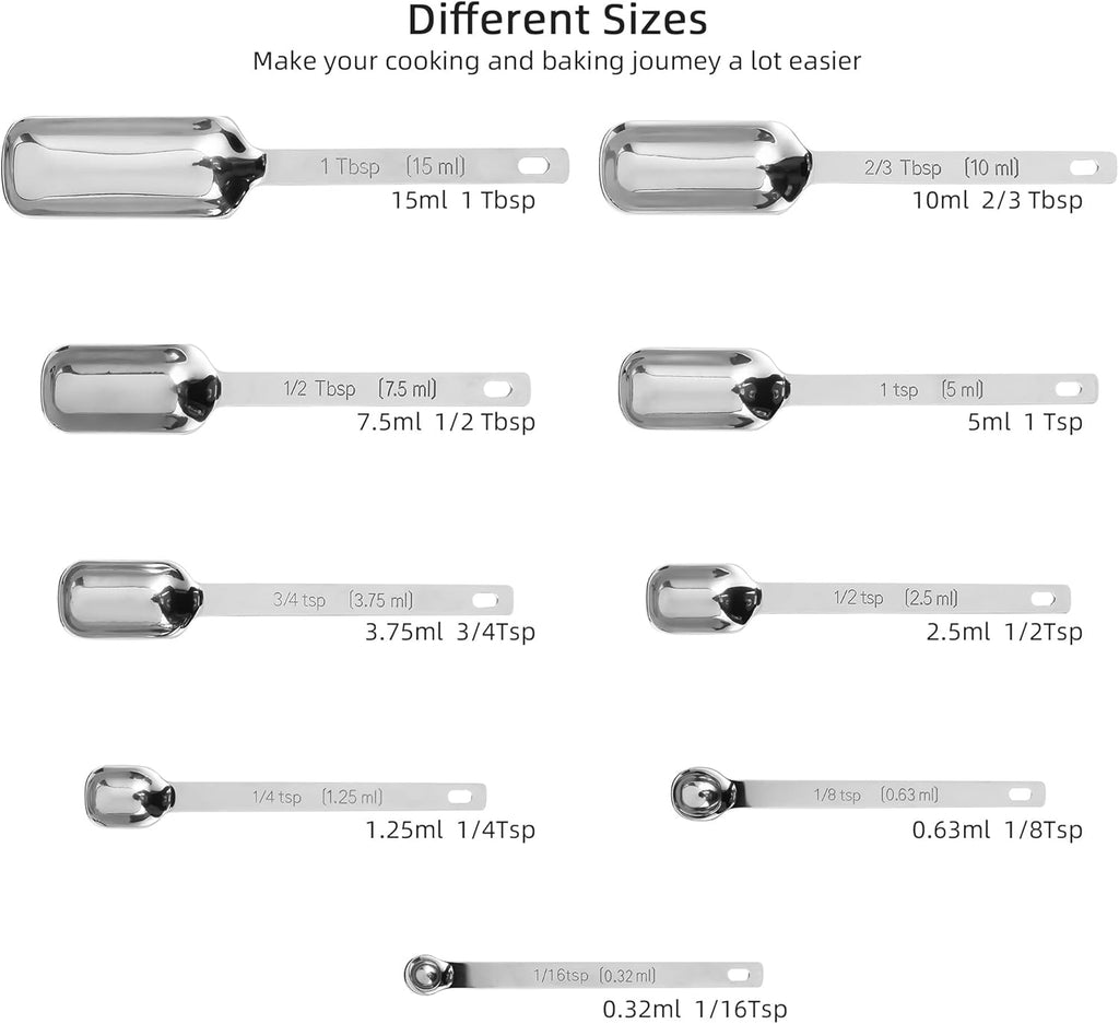 Measuring Spoons Set, 10-Piece 18/8 Stainless Steel Measuring Spoons Set with Leveler, Metric&US Metal Measuring Spoon -1/16, 1/8, 1/4, 1/3, 1/2, 3/4 Tsp, 2/3 Tbsp Long Spoons for Spice Jar
