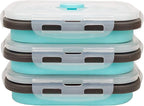 CCyanzi 3piece Collapsible Food Storage Containers with Lids, Silicone Lunch Container, Microwave & Freezer Safe, Space Saving for Kitchen Cabinet and Camping Backpack,(blue gray)