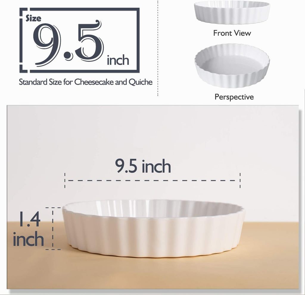 DELLING Set of 2 Tart Pans, 9.5 inch Quiche Pan, Ceramic Fluted Quiche Baking Dish/Pie Pan, Perfect for Baking Tart Pies and Chicken Pot Pie, Cheesecake, Creme Brulee, Round, White