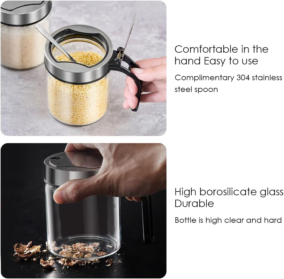TINMIX Revolving Condiment Pots Sugar Bowl Salt & Pepper Cellar with Lid and Spoon, Set of 4 Seasoning Box Spice Jar with 360 Rotating Holder Tray for Kitchen, 4 Pots