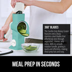 GORILLA GRIP BPA-Free Rotary Cheese Grater Hand Crank, Easy to Set Up, Strong Suction Base for Kitchen Countertop, Shred Potato, Vegetable, Nuts in Seconds, Round Mandoline Slicer, 3 Blades, Mint