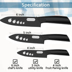 WACOOL Ceramic Knife Set with Sheaths, include 3-Piece: 6-inch Chef's Knife, 5-inch Utility Knife, 4-inch Fruit Paring Knife (Black Handle)