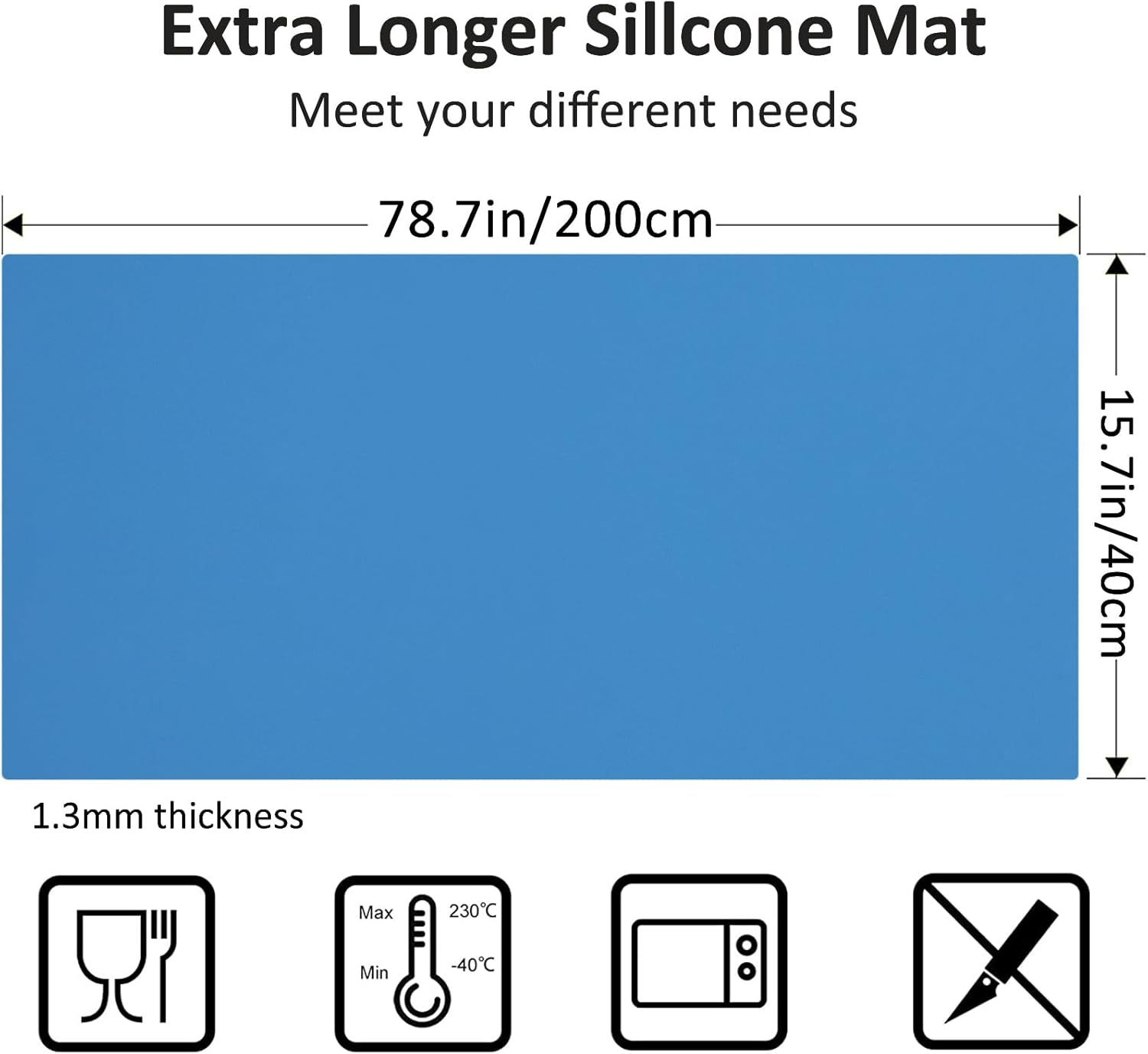 Silicone Mats for Kitchen Counter, Nonslip Silicone Mats for Crafts Countertop Protector Heat Resistant Mat (Light Blue, 78.7"L x 15.7"W)