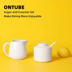 ONTUBE Porcelain Sugar and Creamer Set of 3,Cream Pitcher, Spoon, Sugar Bowl with Lid,Cream (White)