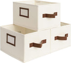 StorageWorks Storage Baskets for Shelves, Foldable Fabric Closet Storage Bins with PU Handles, Fabric Storage Bins Clothes Organizer, Ivory White, 3-Pack, Small