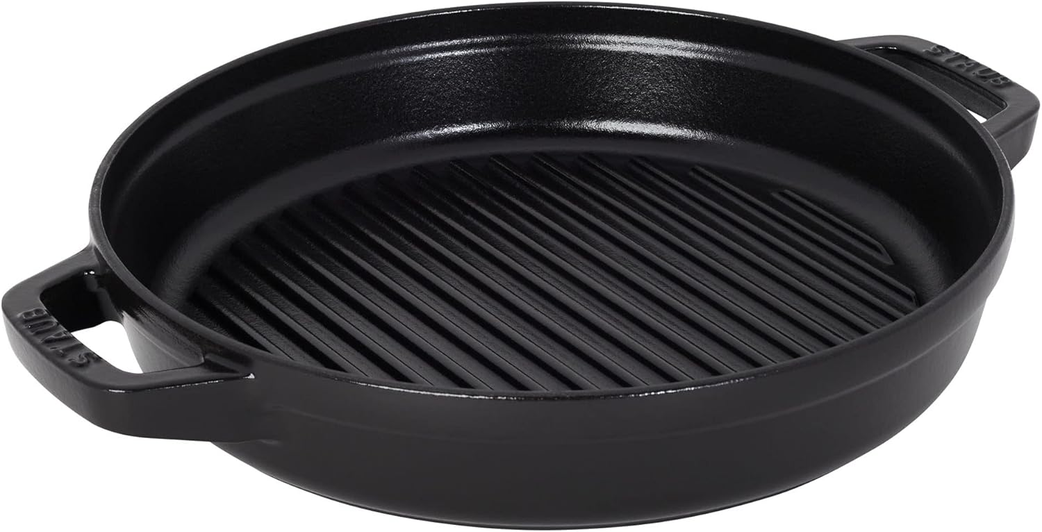 STAUB Cast Iron Set 4-pc, Stackable Space-Saving Cookware Set, Dutch Oven, Skillet, Grill Pan with Universal Lid, Made in France, Matte Black
