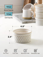 LE TAUCI Ramekins 12 oz, Ramiken for Creme Brulee, Souffle, Dipping Sauce, Ceramic Embossment Housewaming Present -4.8 inch, Set of 4, Arctic White