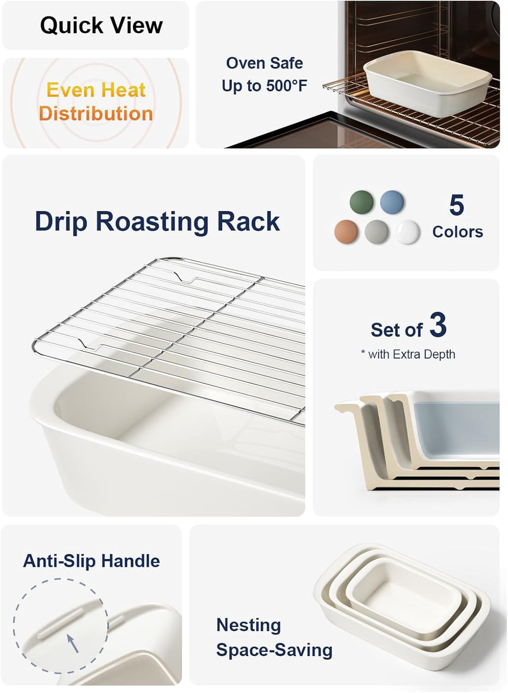 LE TAUCI Deep Casserole Dishes for Oven, 13.7”x9.6” Ceramic Baking Dish Set with Roasting Racks, Large Lasagna Pans with Handles, Rectangular Bakeware as Gift for Mom, White (4.6QT/3.0QT/1.6QT), Set of 3