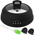 Microwave Splatter Cover Glass 10.5 Inch Microwave Cover for Food with Handle Collapsible Silicone Microwave Cover with Steam Vent for Pot Plate Bowl (Black)