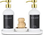 Set of 5 Kitchen Soap Dispenser Set 16 Oz Glass Hand Dish Soap Dispenser with Stainless Steel Pump, Cement Tray, Dish Scrub Brush for Farmhouse Rustic Home Bathroom Decor (White)