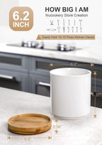Nucookery 360° Rotating Utensil Holder, 7.2" Large Utensil Crock, White Ceramic Cooking Utensil Organizer with Countertop-Protection Cork Bottom for Farmhouse Kitchen Decor Christmas Gift (White)