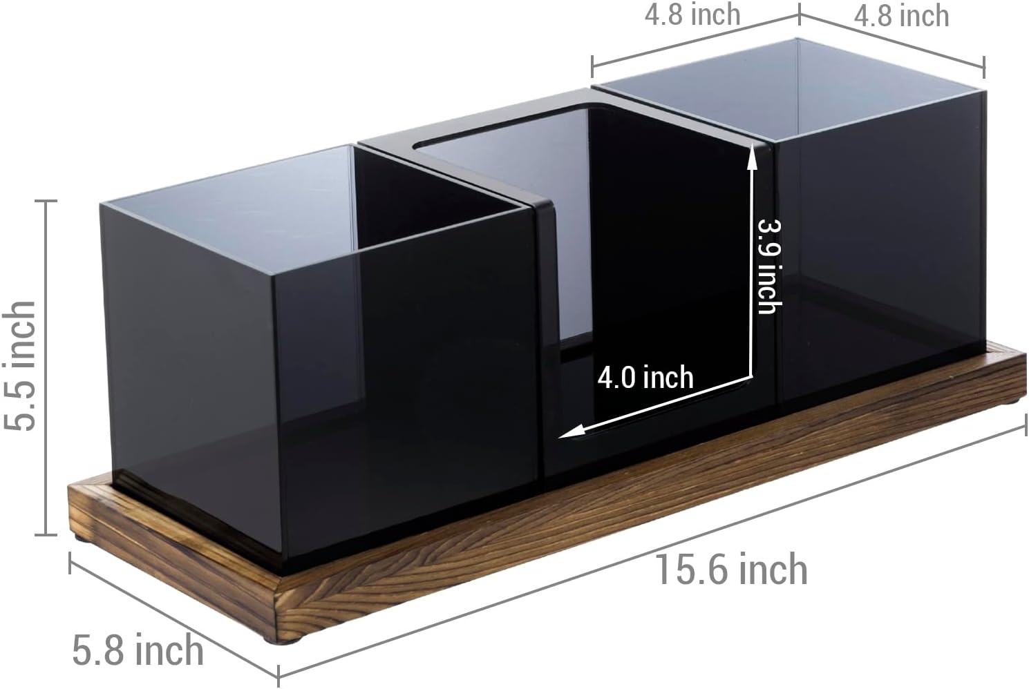 MyGift Modern Acrylic Coffee and Tea Station Organizer with 3 Removable Premium Translucent Black Acrylic Compartments and Rustic Burnt Solid Wood Decorative Tray, 4 Piece Set