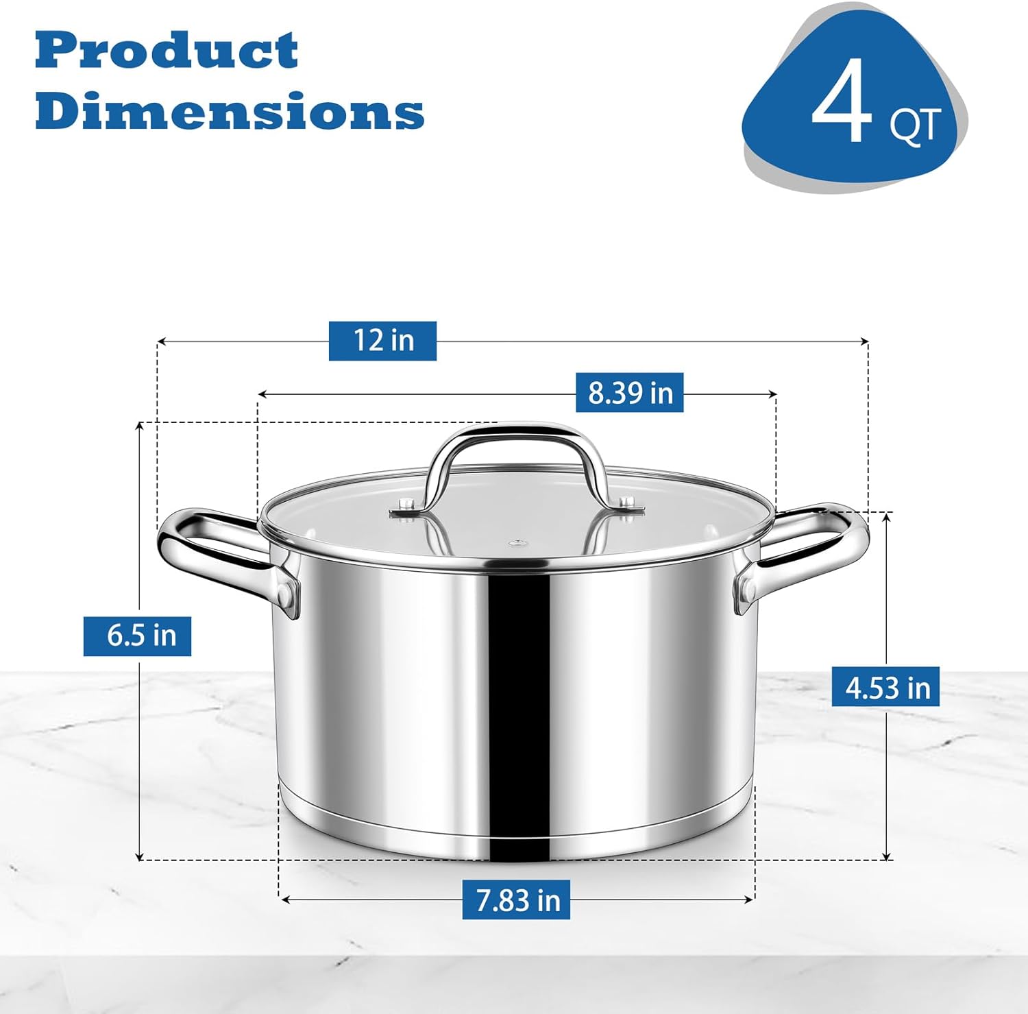 P&P CHEF 4 Quarts Cooking Stock Pot with Lid, Stainless Steel Stockpot Induction Pot for Soup, Tri-Ply Bottom & Clear Glass Lid & Double Handle, Dishwasher Safe
